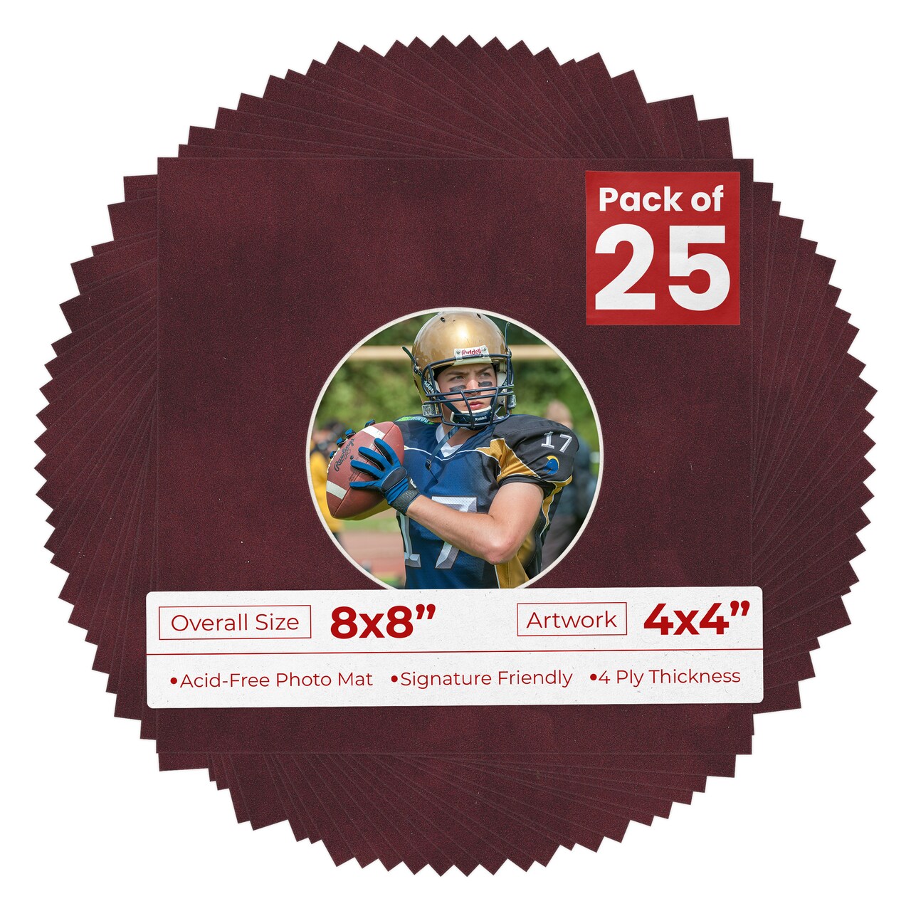 Dark Red Suede Mat Board for 8x8 Frames - Circle Opening for 4x4 Photos